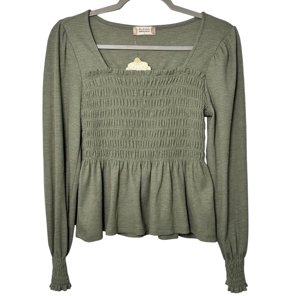 Altar'd State Olive Green Smocked Waffle Knit Peplum Top Square Neck Small NWT
